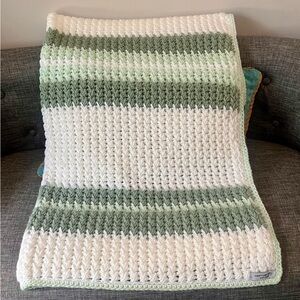 Striped Crocheted Baby Blanket - White and Sage